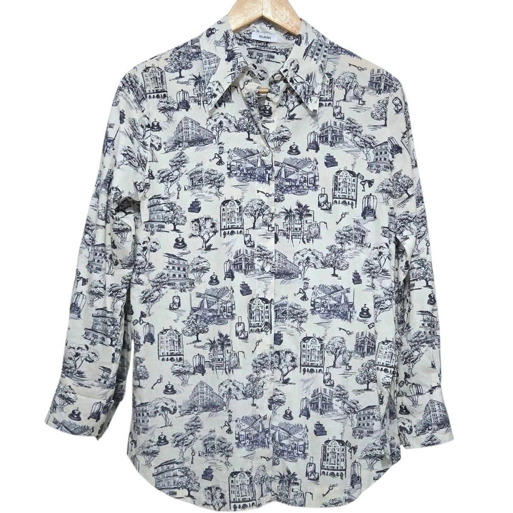 RIANI Blue and White Patterned Buttoned Down Shirt Womens US 6